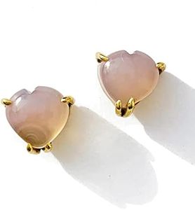 Joyfulmuze Pink Onyx Heart Studs, 14k Gold Plate 925 Sterling Silver, Handmade Pale Chalcedony Opaque Earrings, Birthday Gift for Women and Men, Size 8mm