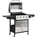 Gas BBQ Grill 4 Burner+Side Burner Stainless Steel, Side Table Shelves and waterproof Cover Cast Iron Cooking Outdoor Garden barbecue grill, with House|Regulator|600D cover, Black and Silver，14.5kw