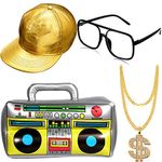 Hip Hop Costume Kit Inflatable Boom Box Gold Baseball Cap Sunglasses Gold Chain 80s/ 90s Rapper Accessories