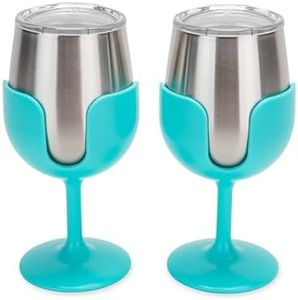 Camco Life is Better at The Campsite Wine Tumbler | Heavy Duty Double Wall Vacuum Insulation | Crafted of 18/8 Stainless Steel | Features Removable Light Blue Stems | 2-Pk, 8-oz/Each (53484)