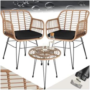 TecTake® Salon de Jardin Extérieur en Poly Rotin 2 Personnes Ensemble Fauteuils Salon et Table de Jardin, Coussins Amovibles Inclus, Mobilier de Jardin pour Amenagement Balcon Terrasse