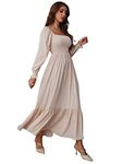 ANNA-KACI Women's Square Neck Shirred Ruffle Hem Long Sleeve Maxi Dress, Beige, X-Large