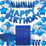 Areebz 82pc Blue Birthday Party Decorations Happy Birthday decoration banner Latex Confetti Star Heart foil Balloons tassel curtain tablecloth for Boys Man