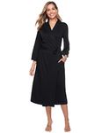 Hyppry Cotton Dressing Gown for Women Ladies Soft Knit Bathrobe Cosy Long Robe Nightwear with Belt and Pockets,Black,XL