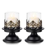 Sziqiqi Black Shabby Chic Pillar Candle Holder Set for Tables - Gothic Candlestick Holder Rustic Glass Hurricane Candle Holders Centrepieces for Mantlepiece Fireplace Dinner Desk Tabletop Ornament