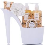 Spa Gift for Women - 5 Pcs Luxury Vanilla Scented Heel Shoe Spa Gift Basket for Women - Bath and Body Set w/ Lotion & Butter, Shower Gel, Bubble Bath #1 Anniversary Day Gift Ideas By Draizee