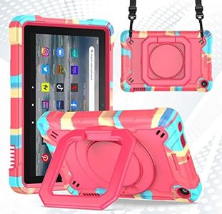 TDA Case for Amazon All-New Fire 7 Tablet and Fire 7 Kids Tablet (12th Generation, 2022 Release) Hybrid Shockproof 360 Rotating Multi-Functional Ring Stand Case with Shoulder Straps (Rainbow Pink)