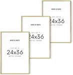 HAUS AND HUES Gold Frames 24x36 Set of 3 - Large Picture Frames 24x36, Poster Frames 24 x 36 Inches, 24 by 36 Poster Frames, Gold Picture Frame Set, 24x36 Frame for Art Display (Gold Aluminum Frames)