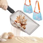 Top Race Sand Sifter for The Beach Toys - Sifting Shovel for Big Kids - Beach Mesh Scooper and 2 Waterproof Bags - Shark Tooth Hunt Accessories - Sand Toys - Set of 3