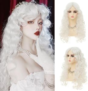 Dai Cloud White Long Curly Wigs for Women With bangs Synthetic Queen Princess Middle Part Hair Wig for Cosplay