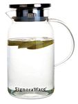 SignoraWare 1.2 Litres Classy Borosilicate Glass Jug with Steel lid | Big Water Pitcher with Strong Handle for Water Juice Ice-Tea Milk (1200ml, Set of 1, Transparent | BPA Free)