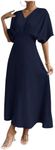 Floerns Women's V Neck Half Sleeve Ruched Cocktail Evening A Line Long Dress Blue Ink XXL