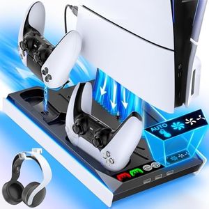 PS5 / PS5 Slim Cooling Station with Auto Turbofan & 3-Level Speeds, PS5 Stand, Cooling Fan Station with Controller Charger, Charing Station for All PlayStation 5 Console, PS5/ PS5 Slim Accessories