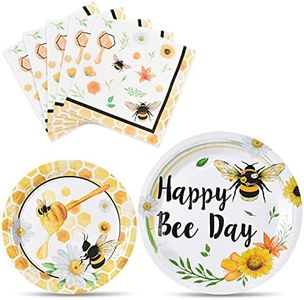WERNNSAI Bee Plates and Napkins - 48 PCS Happy Bee Day Party Supplies for Kids HoneyBee Party Tableware Set Dinner Dessert Cake Plates Lunch Napkins Serves 16 Guests