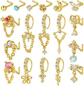 Sasylvia 18 Pcs Dangle Nose Rings l Shaped Dangling Nose Stud 20g Cute Stainless Steel Nose Ring Hoop Indian Nose Piercing Jewelry with Charm for Women, stainless steel, copper, no gemstone