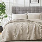 palassio Seersucker Beige Queen Size Comforter Set, 3 Pieces Soft Washed Microfiber with 2 Pillow Cases, Fluffy Down Alternative Beddingfor All Season 90x90 inches…