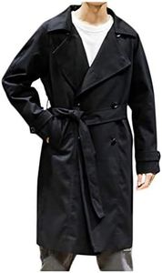 PASOK Men's Double Breasted Trench Coat Casual Lapel Business Mid-Long Windbreaker Jacket with Belt Black M