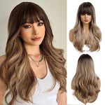 OUFEI 24 Inches Ombre Dark Blonde Wig with Bangs Synthetic Heat Resistant Fiber Natural Long Wave Ombre Wigs for Women Daily Party Use