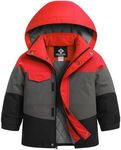GEMYSE Boys Winter Coat Waterproof Windproof Boys Ski Jacket with Hood Kids Insulated Quilted Outerwear(Oriental Red & Grey Black,10/12)