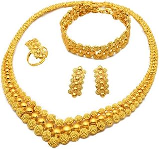 Indian Bollywood Women Jewelry Sets 24K Gold Plated Dubai Gold Necklace Earrings Bangle Fashion Wedding Prom Jewelry Set, Gold plated, No Gemstone