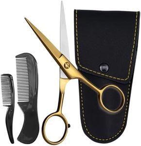 Ontaki 5" Professional German Beard & Mustache Scissors with 2 Comb & Carrying Pouch for Men - Bevel Edge for Precision - Facial Hair Grooming Kit All Body Hair - Black (Golden Brass)