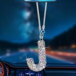 J Shape Bling Crystal Pendant Car Accessories for Women, Hanging Cute Rhinestone Rear View Mirror Accessories, Charm Interior Car Decorations for Girls, Wife, Valentine's Day, Christmas - Rainbow J