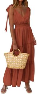 PRETTYGARDEN Women's Cross Neck Summer Sleeveless Tiered Maxi Dress Beach Tie Strap Smocked Long Dresses Pleated Sundress, Red Brown, Medium