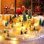 Yerliker 28 Pieces Christmas Mini Miniature Village Accessories Artificial Trees Street Lamps Santa Snow Houses Elk for Miniature Scenes Village Displays (Lake Blue and Beige,Gnome Style)