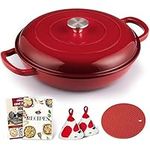 Overmont Cast Iron Braiser Enameled Cookware with Cookbook & Lid - 3.2 Quart Dutch Oven Pot with Enamel Coating for Braising, Stews, Roasting, Bread Baking