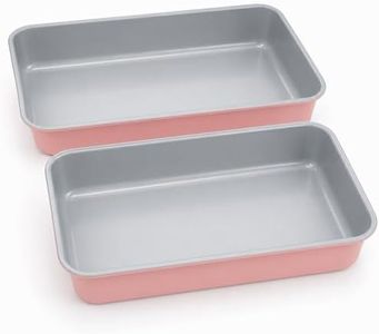 Barlket 9x13 Inch Baking Pan 2 Pack, Heavy Duty Carbon Steel Lasagna Pan, 2.5 Inch Deep Nonstick Rectangular Cake Pans for Brownies, Casserole & Roasting, Pink Exterior with Gray Interior