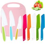 9-Piece Kids Knife Set with Cutting Board, Safe Toddler Cooking Utensils, 4 Sizes and Colors, Plastic Knives for Safe Cutting of Fruits, Vegetables, Bread, and Cake