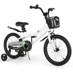 COSTWAY Kids Bike, 18 Inch Toddler Bike with Kickstand for Boys & Girls Aged 3-8 Years Old, Kids Bicycle w/Removable Training Wheels, Handbrake & Coaster Brake, Basket (White, Checkerboard Pattern)