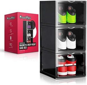 PUMPS&KICKS Shoe Storage Organizer Boxes | 3 Pack | Black | Stackable for Closet | Drop Front Clear Opening | Extra Large for High Top sneakers, Mens size 14 and Womens High Heels (Black)