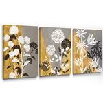 SUMGAR Yellow Gray Wall Art Mustard Rustic Floral Canvas Picture Flower Print Painting Botanical Artwork Framed for Bathroom Living Room Bedroom 30x40cm Set of 3
