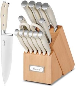 KUISINE Upgraded Knife Set High Carbon Stainless Steel Sharper Blade Ergonomic Handle,Knife Block Set with Built- in Sharpener(Ivory Pro Acacia,15PCS)