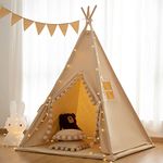 Teepee Tent for Kids Tent Indoor, Cotton Canvas Kids Teepee Tent for Girls & Boys, Pompom Ball Design with Floor Mat,Carry Case,Banner,Play Cottage with Star Light, Foldable Teepee Tent for Kids