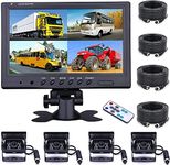 CAMECHO Vehicle Backup Camera - 9 Inch 4-Split Monitor Front View, Rear View Camera 18 IR Night Vision Waterproof Auto Camera with 2x33 ft and 2x65ft Cables for RV, Trailer, Bus,Trucks