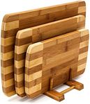 Relaxdays Bamboo Chopping Board Set of 3 with Stand, in Various Sizes, 3 Cutting Boards, Modern and Striped Design, Natural Brown