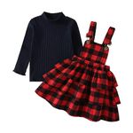 QURYPOMO Toddler Baby Girl Christmas Dress Long Sleeve Red Plaid Suspender Skirt Set Infant Girl Xmas Outfits Clothes 12-18 Months