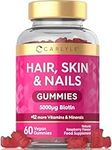 Hair Skin and Nails Gummies | 5000mcg Biotin + Vitamins A, B12, B6, C, D, E & Zinc | 60 Raspberry Vegan Gummies | Natural Flavouring | by Carlyle