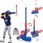 Whimtoyland 4-in-1 T Ball Set for Kids Ages 3-8, Baseball Tee Set for Kids 3-5, 5-8, Toddler Hanging Tee Ball Golf Set Toys, Pitching Machine & 6 Plastic Balls, Outdoor Toddlers Sports Toy, Blue