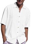 Mens Beach Linen Shirts Short Sleeve Cuban Button Down Casual Summer T Shirt Guayabera Hawaiian Tee Loose Fit Tops, A White, Medium