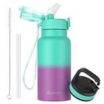 OLDLEY 500ml/17oz Kids Stainless Steel Insulated Water Bottle with Straw Double Wall Metal Vacuum Leakproof Small Flask with 2 Different Lids Hot Cold Drinks for Kids Boys Girls (Green-Purple)