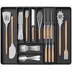 Lifewit Cutlery Drawer Organiser for Kitchen, Expandable Cutlery Tray for Spoons Forks Knives, Adjustable Utensil and Silverware Holder, Plastic Flatware Storage Insert, Large, Black