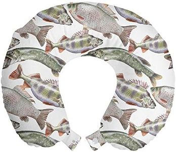 Ambesonne Fishes Travel Pillow Neck Rest, Watercolor Common Carp Perch and Bass Freshwater Animals Themed Seafood Drawing, Memory Foam Traveling Accessory for Airplane and Car, 12", Grey Green