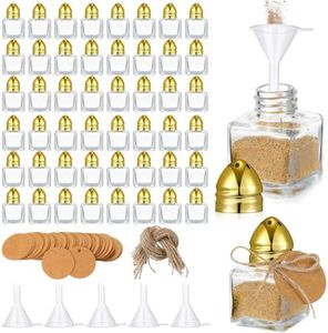 Uiifan 50 Set 0.5 oz Cube Shape Mini Salt and Pepper Shakers with Gold Tone Tops Clear Glass Small Spice Salt and Pepper Holders Bulk with 5 Plastic Funnels 50 Tags 50 Ropes for Wedding Party Kitchen
