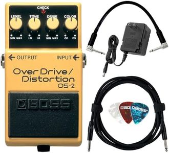 Boss OS-2 OverDrive/Distortion Bundle with Power Adapter, 10ft Instrument Cable, 6in Patch Cable, and Picks