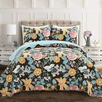 Lush Decor Sydney Reversible Cotton Quilt Set - Charming & Colorful Floral Leaf Design - 3 Piece Quilted Botanical Bedding Set With Shams - King, Black & Blue