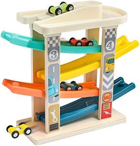 TOP BRIGHT Juguete de Carrera de Coches para Niños Pequeños, Juego de Juguetes de Rampa de Camiones Conjuntos de Vehículos con 4 Coches de Madera, 4 Rampas de Coche