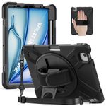 ZenRich iPad Air 11 Inch Case M2 2024, Shockproof Heavy Duty Rugged Case for iPad Air 6th Generation 11" A2902/A2903/A2904 with Kickstand/Hand Strap/Pencil Holder/Shoulder Strap, Black